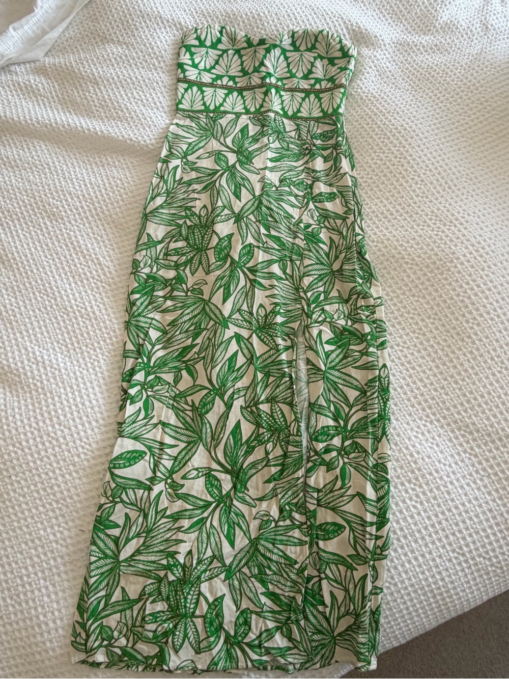 Zara Green and Cream Leaf-Print Strapless Maxi Dress